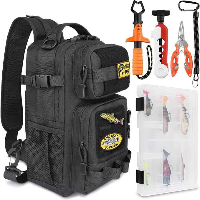 Dovesun Small Fishing Backpack Fishing Sling Bag with 3600 Tackle Box Small Tackle Backpack with Tool Set Black