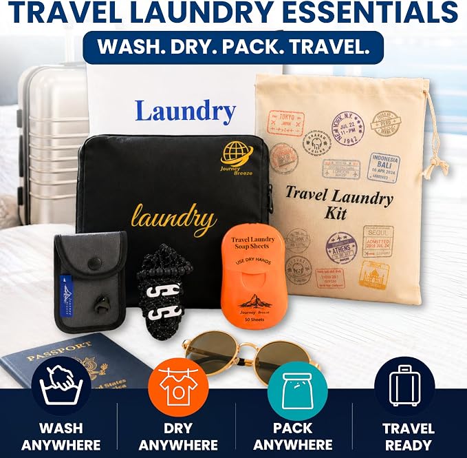 Travel Laundry Detergent Sheets with Laundry Bag and Strong Portable Clothesline – Laundry Detergent Sheets, Foldable Laundry Bag & Elastic Travel Clothesline for Hotels, Cruises & Trips