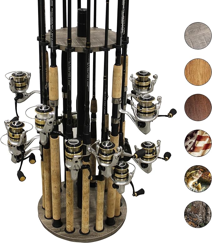 Rush Creek Creations | Round Fishing Rod Holder for 16 Freshwater Fishing Poles, Fishing Gear, and Fishing Accessories | Fishing Rod Rack with 16 Fishing Rod Clips for Garage Organization
