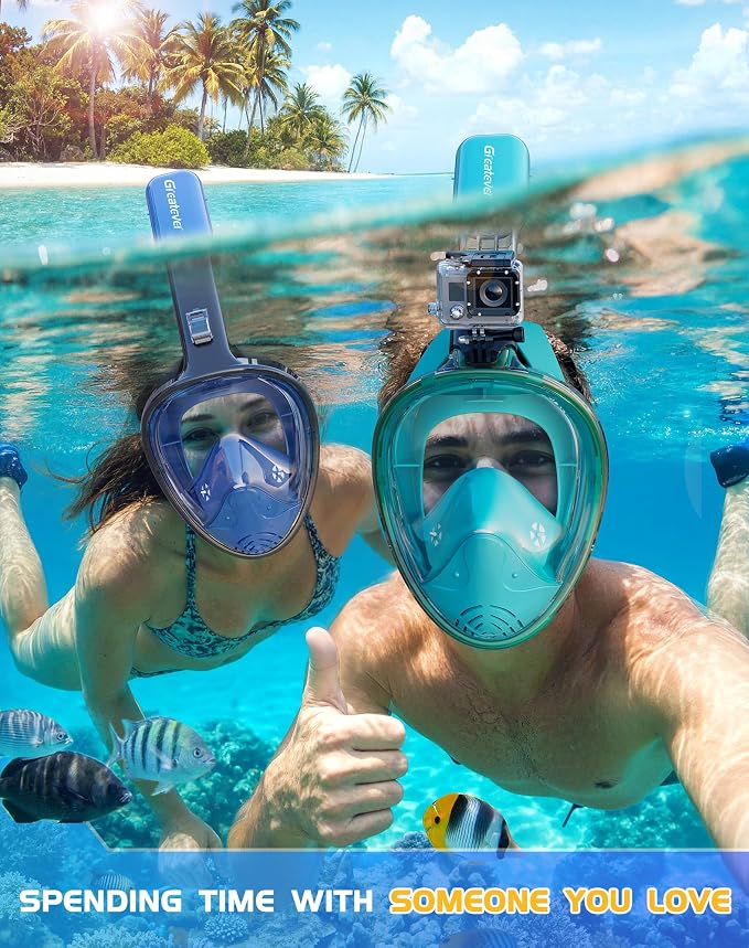 Greatever Full Face Snorkel Mask, Snorkeling Gear for Adults with Latest Dry Top Breathing System and Detachable Camera Mount, Foldable Snorkel Set for Family Snorkeling Trips, Anti-Fog & Anti-Leak