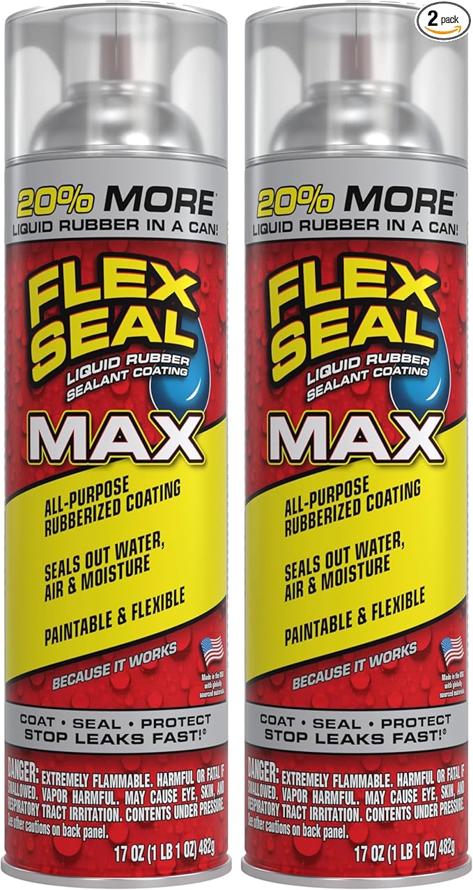 Flex Seal MAX, 17 oz, 2-Pack, Clear, Stop Leaks Instantly, Waterproof Rubber Spray On Sealant Coating, Perfect for Gutters, Wood, RV, Campers, Roof Repair, Skylights, Windows, and More