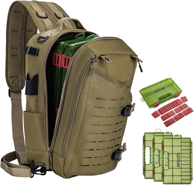 Goture Khaki Tackle Bag with Trays Rod Holder 900D Durable Fishing Tackle Storage Bag for Kayak, Shore Fishing