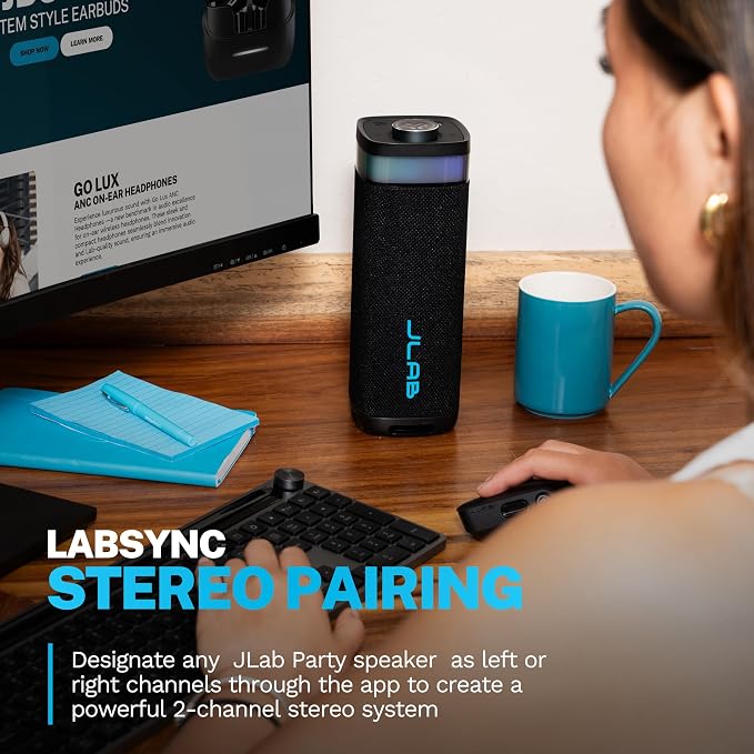 JLab, JBuds Party, Portable Bluetooth Speaker, IP56 Waterproof, Multi-Speaker Connect, RGB Lighting, Black