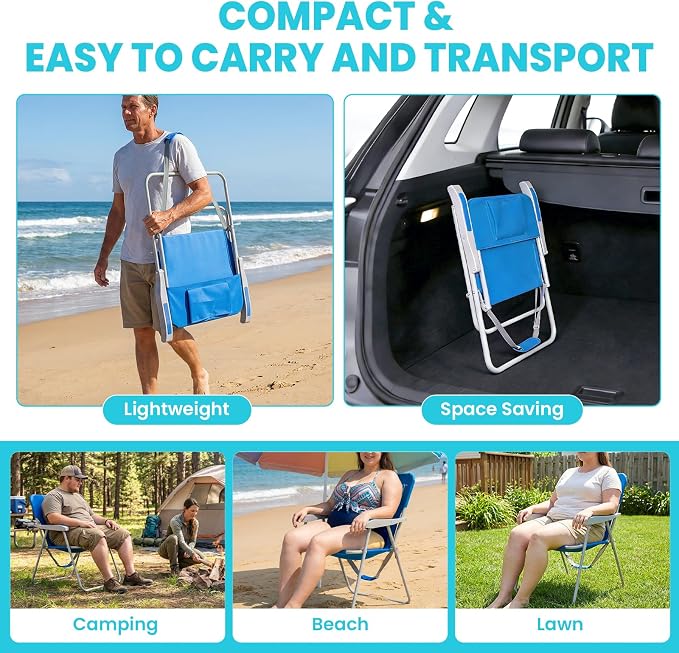 #WEJOY Folding Beach Chair for Adults, Lightweight Beach Chair with Shoulder Straps, High Back Camping Chairs with Hard Armrest, Supports 300lbs for Outdoor Lawn Concert