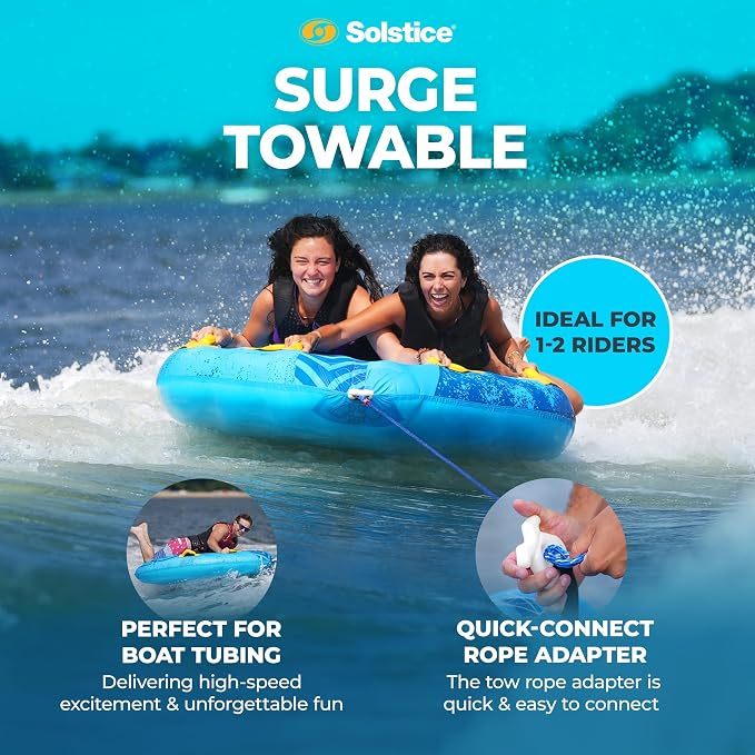Solstice Surge Inflatable Towable Boat Tube | Stable 2-Person Water Sports Tube with Easy Inflate/Deflate System | 6 Handles & EVA Knuckle Guards | Vibrant Colors for Prime Visibility & Tubing Fun