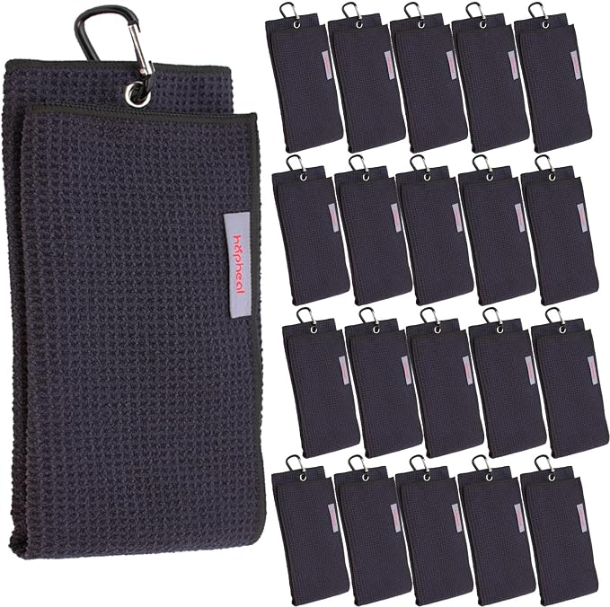 Golf Towel (16" X 21") Microfiber Waffle Pattern with Carabiner Clip,Golf Towels for Golf Bag for Man (20 Pack Black)