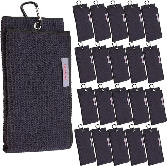 Golf Towel (16" X 21") Microfiber Waffle Pattern with Carabiner Clip,Golf Towels for Golf Bag for Man (20 Pack Black)