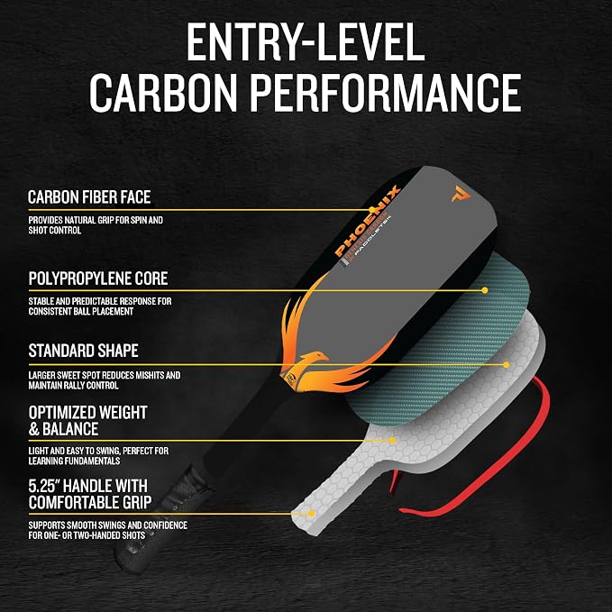 Paddletek Phoenix Genesis Carbon 14mm Pickleball Paddle – Textured Carbon Fiber Pickleball Paddle with Polypropylene Honeycomb Core – USAPA Approved – Balanced All-Court Performance – 5.25" Handle