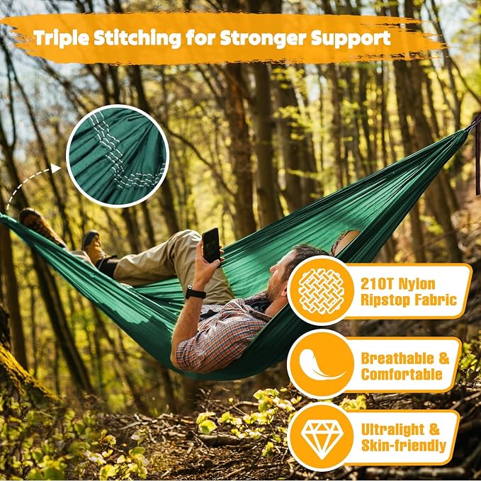NATUREFUN Ultra-Light Travel Camping Hammock | 300kg Load Capacity,Breathable,Quick-Drying | 2 x Premium Carabiners,2 x Nylon Slings Included | Outdoor Indoor Garden
