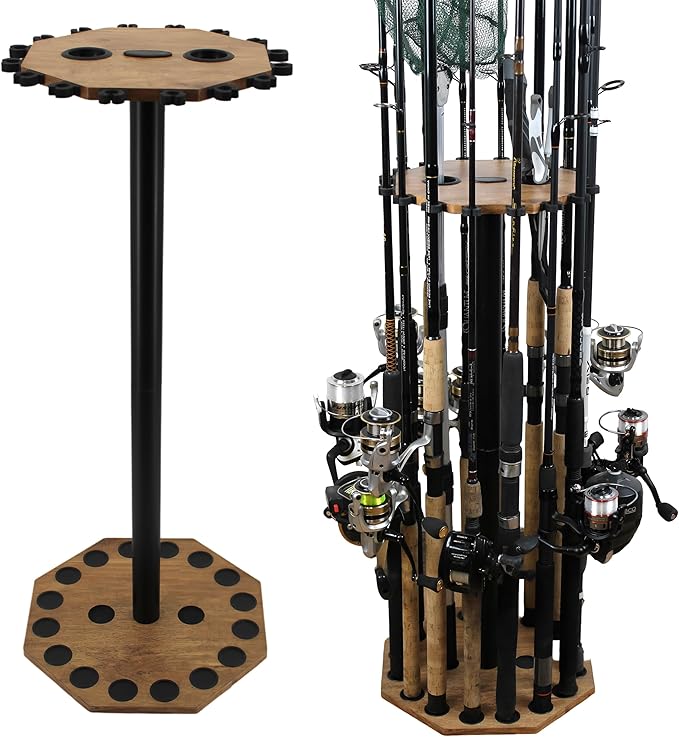 Rush Creek Creations 16-Rod Round Fishing Rod Holder for Garage, 360° Access Fishing Pole Holder for Fishing Rods, Reels, Gear, and Accessories, Securely Holds 16 Rods, Wood Grain