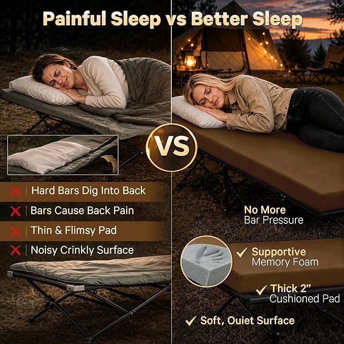 CYMULA Camping Cot Pad 2 Inch Memory Foam, Camping Pad for Folding Cot and Foldable Cot, Portable Roll Up Camp Gear for Car Camping Travel Tent, Non-Slip Waterproof Bottom, Removable Cover, Pad Only