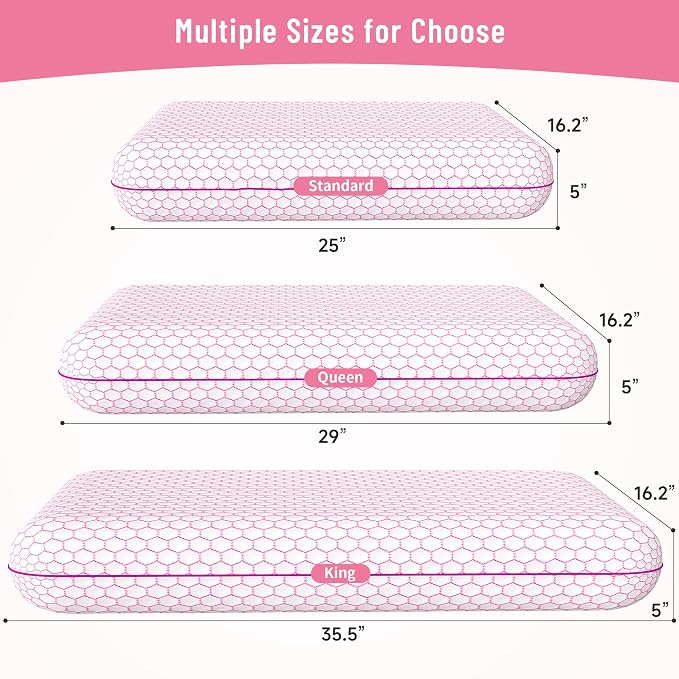 CushyOasis Memory Foam Pillows for Side, Back and Stomach Sleepers, Set of 2, Bed Pillow with Washable Cover and Breathable Mesh, Bed Pillow for Sleeping (Pink，King Size)