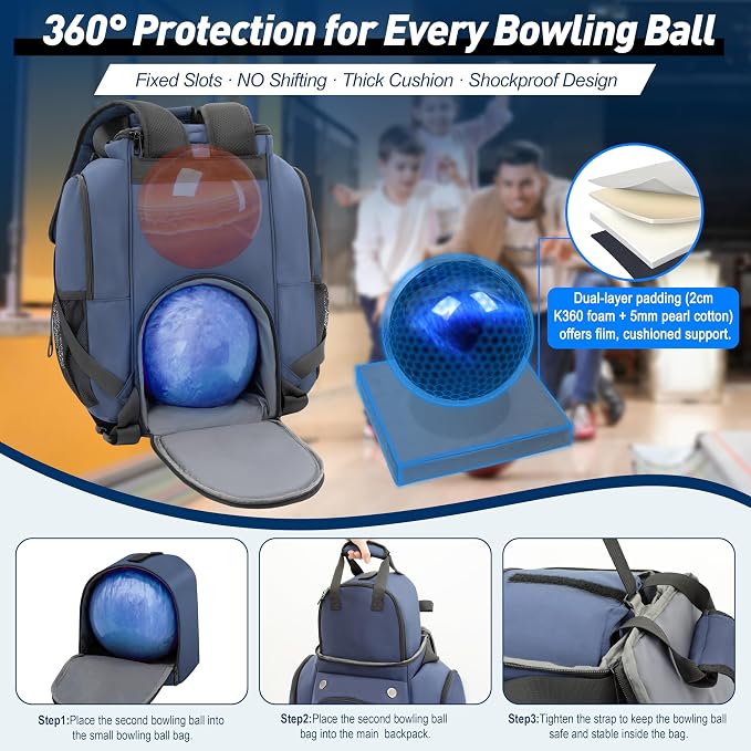 2-Ball Bowling Backpack with Shoe Storage – Heavy Duty Padded Travel Bag