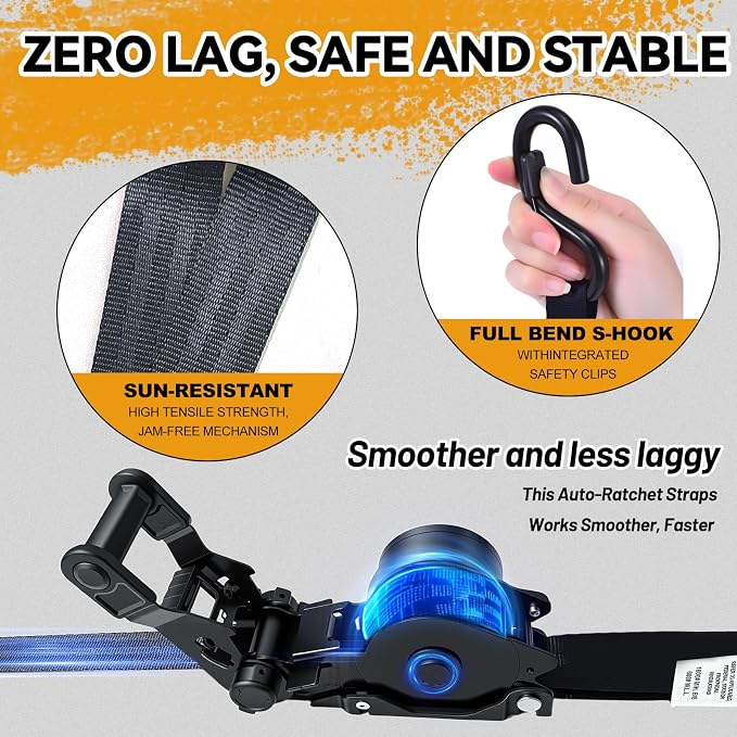 1800LB Retractable Ratchet Straps with Soft Loops(2 Pack), 1" x 12FT Heavy Duty Auto Self Retracting Tie Down Straps for Trucks, Motorcycle, Cargo, Trailer, Moving-Black