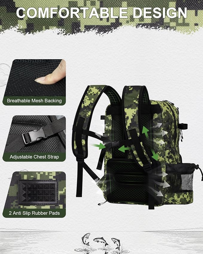 Fishing Backpack with Removable Bait Binder, Large Water Resistant Tackle Bag Storage Gear and Equipment for Fishing, Camping, Hiking, Green