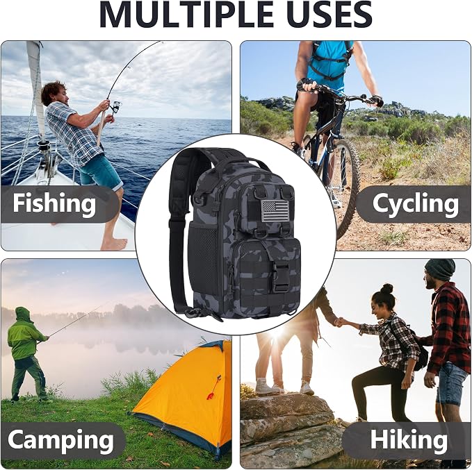 GMAK Fishing Backpack Tackle Sling Bag, Tactical Fishing Tackle Backpack with Rod & Gear Holder, Lightweight Outdoor Water-Resistant Tackle Gear Pack Shoulder Bags for Men Women, Black Camo