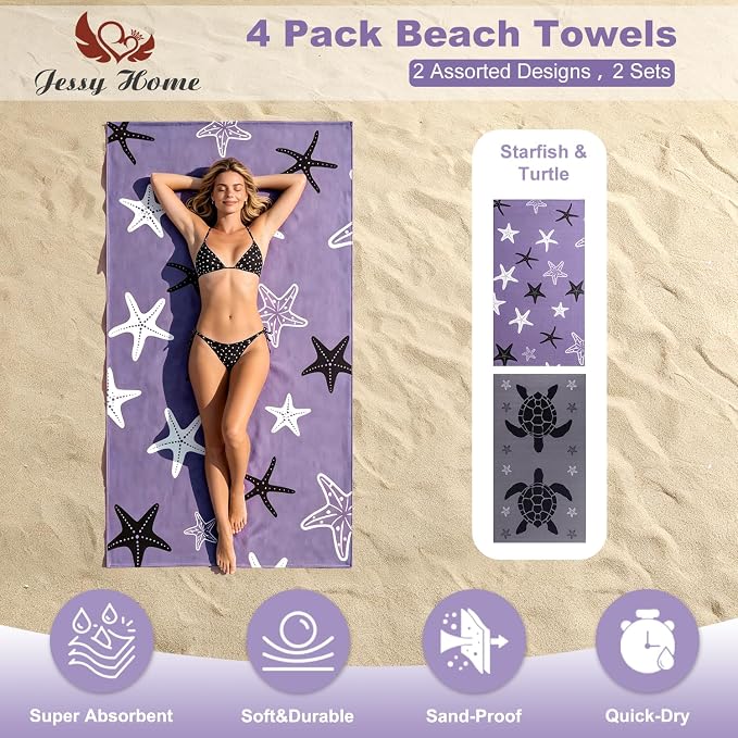 Jessy Home Microfiber 4 Pack Beach Towel Set, 40x70in Oversized Beach Towel, Quick-Dry Sand-Free Highly Absorbent Swim Towel, Soft Pool Towel, Marine Mixed Prints of Starfish & Sea Turtle for Vacation