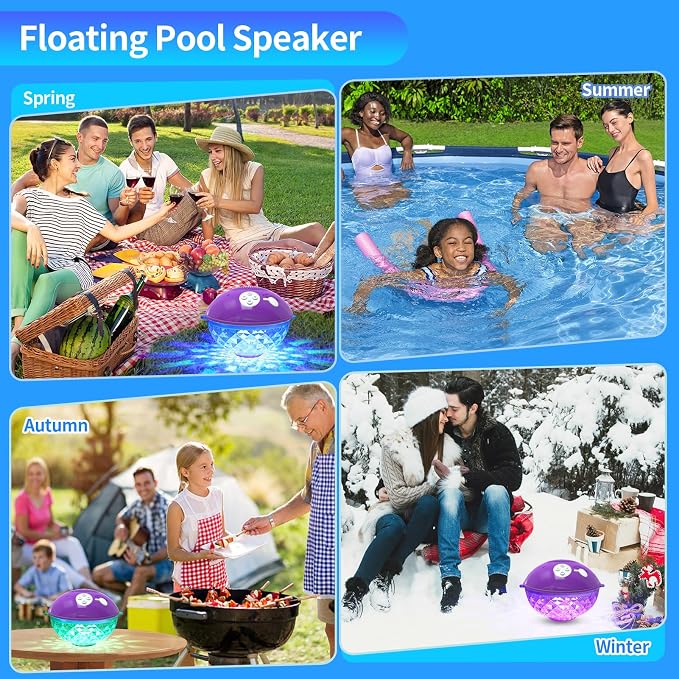 Floating Pool Speakers with Colorful Lights, Bluetooth Wireless Pool Speaker Floatable IP68 Waterproof, Built-in Mic & Crystal Clear Sound Bluetooth Hot Tub Speaker for Pool Party Outdoors