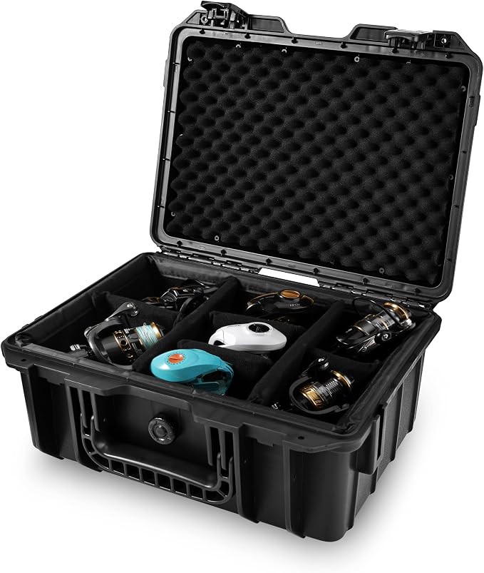 Fishing Reels Storage Case 15Inches,Heavy Duty Waterproof Fishing Wheel Protective Hard Case, Tackle Collection Holder Box, 9pcs Adjustable Shockproof Dividers (Black)