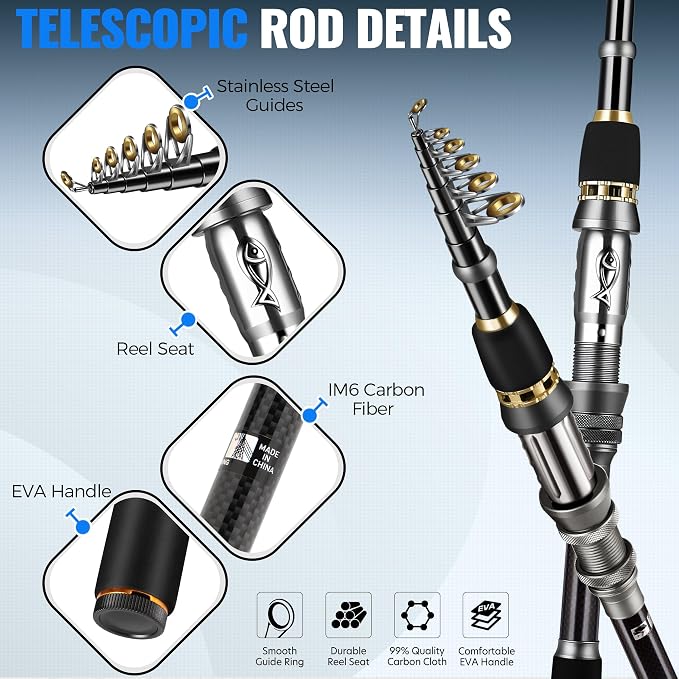 PLUSINNO Fishing Rod and Reel Combo Pole Gear Kit Telescopic Beginner | Portable All-in-One Fishing Equipment, with Freshwater Bass Trout Lures Kit Floating Net, with Carrying Case, Gifts for Men