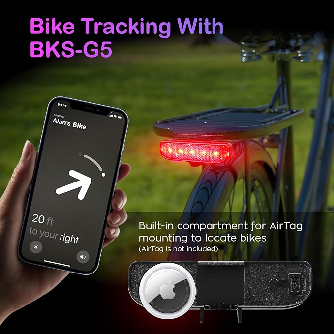 Auto-Sensing Rear Light BKS-G5, Precise Brake Sensing for Bike Cargo Rack, AirTag Mount, Type-C Rechargeable, Large Reflector, 50/80mm Bolt Spacing Mounting, Made in Taiwan