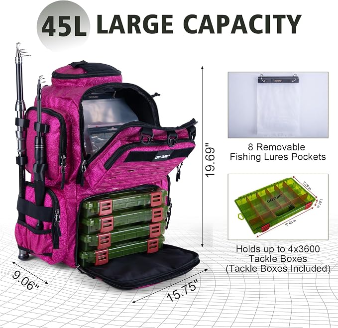 Goture Fishing Backpack with 4 Tackle Boxes,900D Water-Resistant Tackle Backpack with Rod Holders,45L Large Fishing Bag Storage Gear Tackle Bag with Rain Cover,Lure Pockets for Travel Camping Hiking