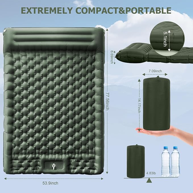 Toncoke 5.1" Thick Double Sleeping Pad with Foot Pump & Pillow, 77.5x53.9 2-Person Air Mattress for Camping, Ultralight & Compact for Backpacking, Hiking, Car Travel，Military Green
