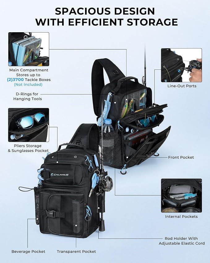 Calamus GearMaster Fishing Sling Tackle Bag & Tool Set, 3500 Tackle Box & Fishing Gear with Fishing lures, Fishing Pliers, Fishing Scissors, Lip Gripper, Wacky Tool