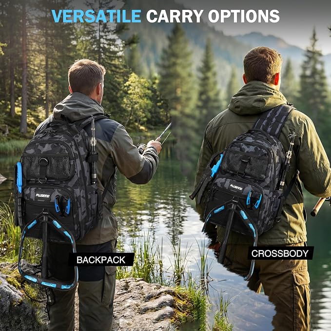 PLUSINNO Fishing Backpack with Fishing Gear Fishing Net, Waterproof Tackle Backpack with Rod Holders, Tackle Box, Lures, Tools, Pliers & Accessories, Fish Gifts for Men