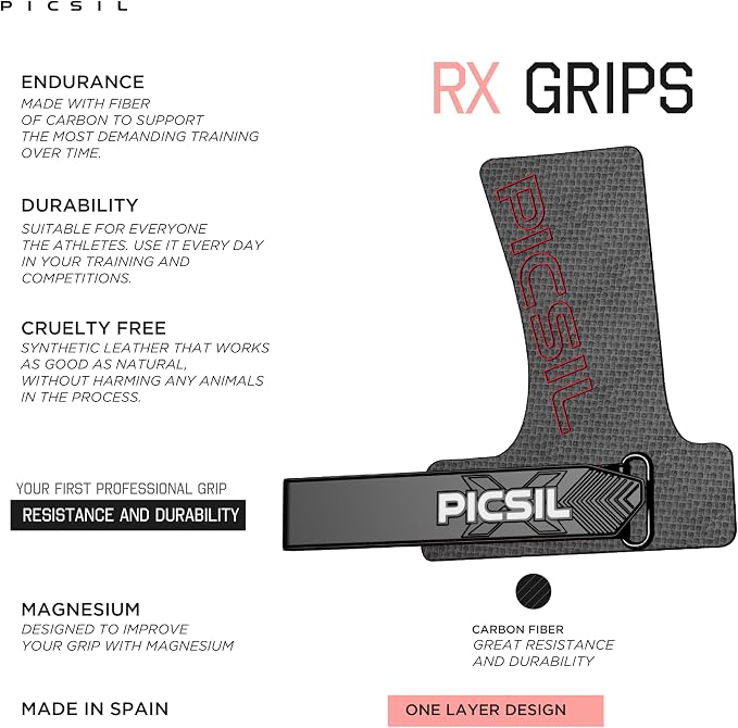 PICSIL - RX Grips | Synthetic Workout & Gymnastics Grips | Ultra-Resistant Carbon Fibre for Cross Training | Helps Prevent Tears & Blisters | Carbon Fibre Material | Use wiht Chalk |