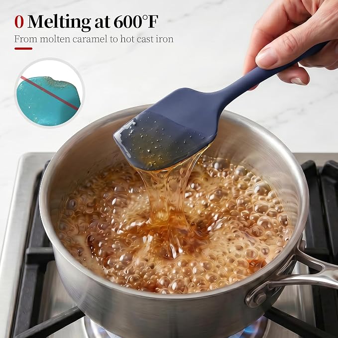 600ºF Heat Resistant Spatulas, High Heat Food Safe Semless Kitchen Silicone Scraper Set for Cooking Baking Mixing Scraping Stirring Nonstick Cookware Pan Bowl (3Pcs,Midniaht Blue)