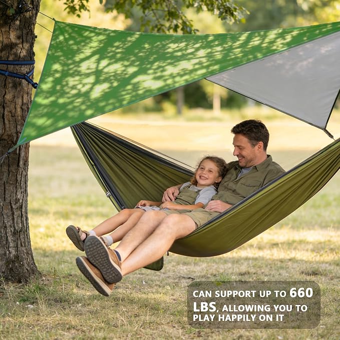 Camping Hammock with Rain Fly Tarp Mosquito Net Heavy Duty Tree Straps Portable Double Parachute Hammock Tent Waterproof Rainfly Set 660lbs Maximum Weight