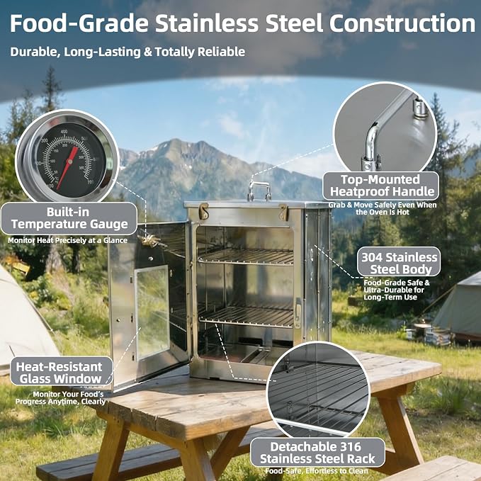 16-Inch H Folding Camping Oven - 2-Tier Grates, Portable Stainless Steel Grill for Baking Bread, Muffins & BBQ, Compatible with Wood-Burning & Propane Stoves