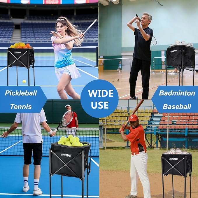 Pickleball & Tennis Ball Hopper, Sports Balls Teaching Cart, Portable Lightweight Softball Caddy, Large Capacity Baseball Basket Carrier for Training
