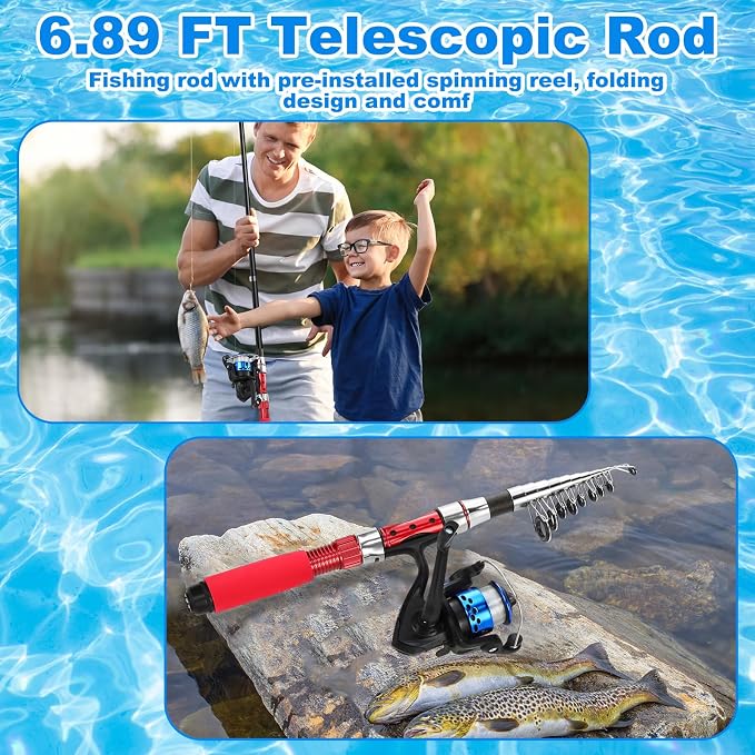51 Pcs Fishing Rods Combo 6.89ft Telescopic Freshwater Pole Set with Plier Lip Gripper Lures Carrier Bag Pre Loaded Spinning Reel with Freshwater Rod Reel Kit Father Men Gift