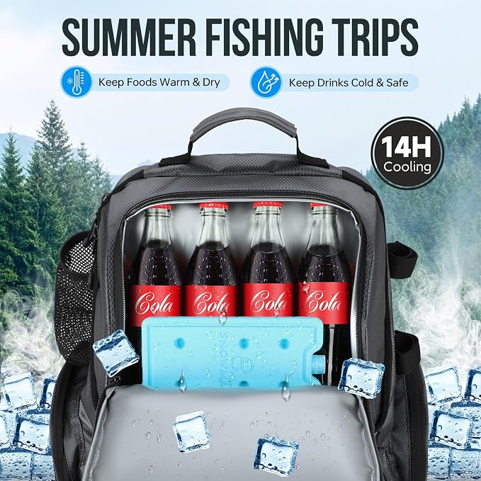 PLUSINNO Cooler Fishing Backpack with Rod Holders 45L Large Water-resistant Fishing Tackle bag Store Fishing Gear Fishing Gifts for Men Father