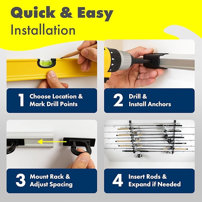 Rush Creek Creations | Fishing Rod Holder, Garage Organization and Wall Storage, for Reels, Gear and Accessories (Vertical/Horizontal Rack)