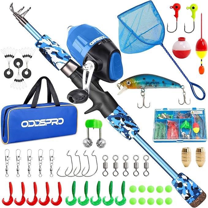 ODDSPRO Kids Fishing Pole - Portable Telescopic Kids Fishing Rod and Reel Combo Kit - with Spincast Fishing Reel Tackle Box for Girls, Youth