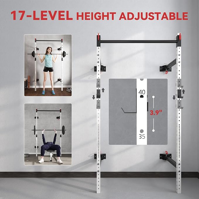 Soozier Folding Squat Rack with Adjustable Pull-Up Bar, 1000 Pounds Capacity Wall Mounted Power Rack, Adjustable Steel Barbell Rack with J Hooks for Home Gym Full Body Workout