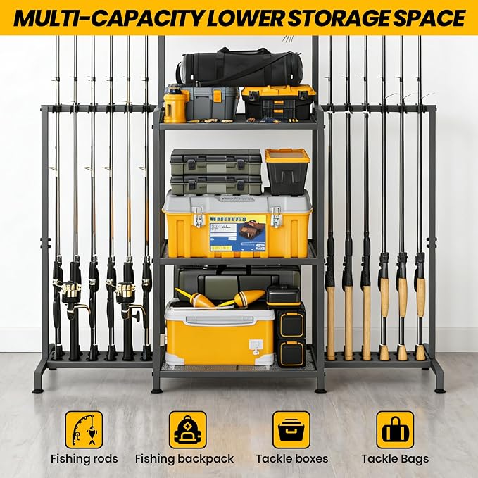 YQSLYSF Fishing Rod Holders for Garage with Pegboard & Metal Mesh Basket, Fishing Rod Storage Rack, Vertical Fishing Pole Holder for Up to 12 -24 Poles, Tackle Gear Organizer