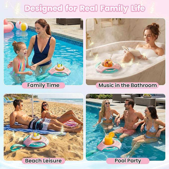 Mambobaby Float Bluetooth Speaker with Foldable Cup Holder, IPX7 Waterproof Bathroom Speaker, 360° Surround Sound, Colorful LED Lights, Dual Speakers, Ideal for Pool, Beach & Outdoor Use-Pink Green
