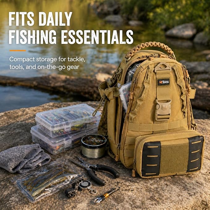 Tovra Fishing Tackle Backpack with Rod Holder & Removable Storage Pouch – Waterproof Sling Bag, Fits Up to 3 3700 Tackle Boxes, MOLLE Fishing Backpack for Rods, Pliers, Water Bottle & Outdoor Gear