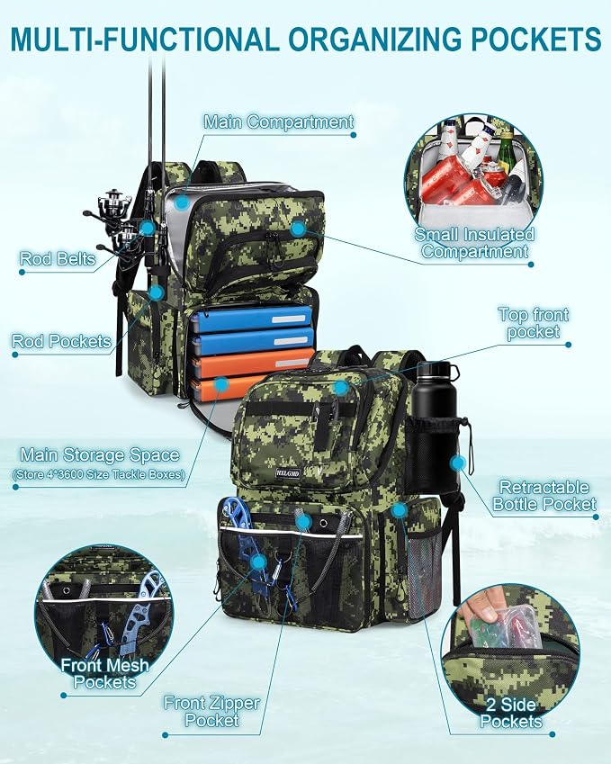 HXLGMD Fishing Backpack with Rod Holders, 43L Large Water Resistant Tackle Bag Storage Gear and Equipment with Cooler for Men Fishing, Camping, Hiking, Green