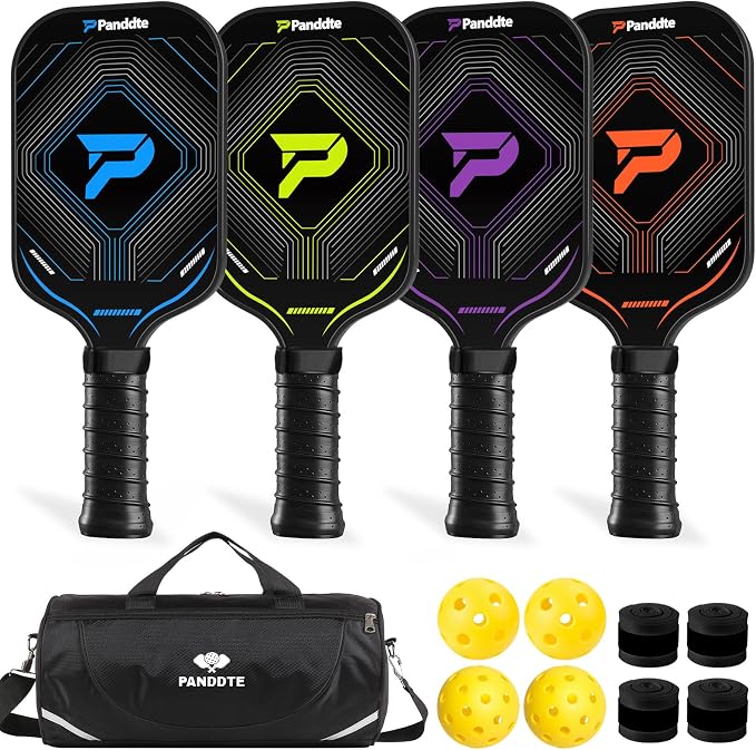 Pickleball Paddles Set of 4, Complete Family Starter Kit – 4 Balls (Indoor & Outdoor), 4 Overgrips & Bag, Lightweight Carbon Fiber Rackets for Beginners & Intermediate, Ready to Play Anywhere