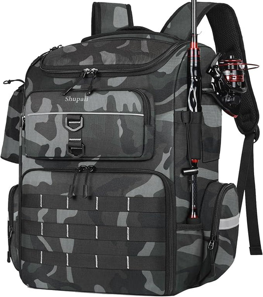 Fishing Backpack with Rod Holders, 45L Large Water-Resistant Tackle Box Backpack, Fishing Gear Gifts for Men -Camouflage