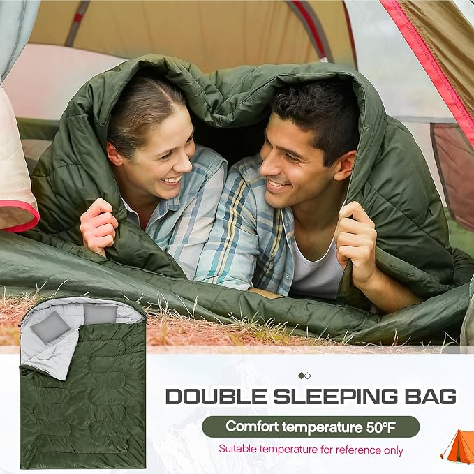Tranqun 2 Pack Double Sleeping Bag for Adults, Queen Size Two Person Camping Sleeping Bag with Pillow Waterproof 3 Season Cotton Fabric for Hiking Backpacking Warm & Cold Weather