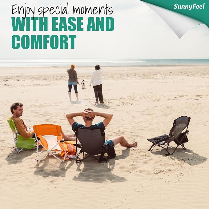 SUNNYFEEL Folding Low Beach Chair 2 Pack - Lightweight Portable Lawn Chair with Mesh Back, Cup Holder for Outdoor/Travel/Picnic/Concert, Foldable Camp Backpack Chair with Carry Bag