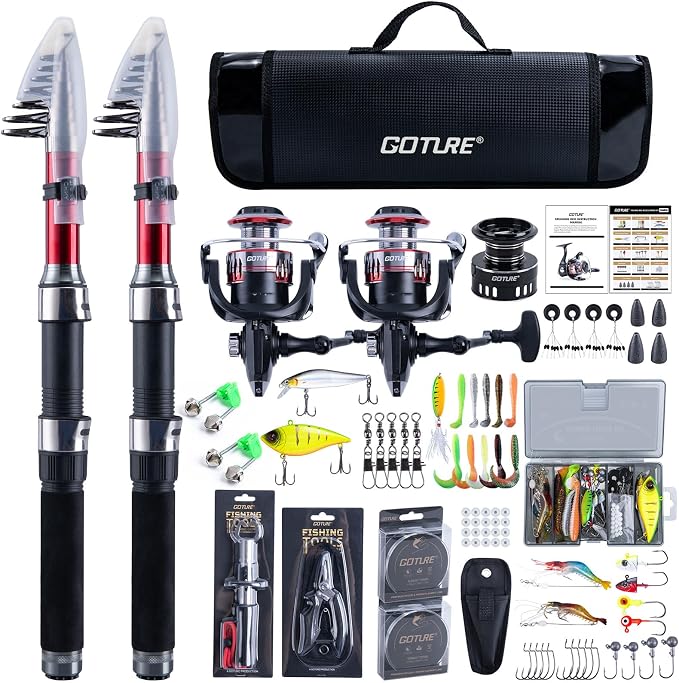 Goture 2-Pack Fishing Rod and Reel Combo with Carrier Bag,1.8M-2.7M | 2PCS Telescopic Fishing Pole,2PCS Spinning Reel,Line,Lures,Pliers,Gripper, for Saltwater and Freshwater Travel,Starter Kit