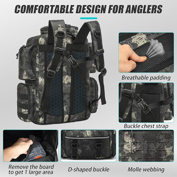 Tactical Fishing Tackle Backpack with Tackle Boxes, Rod Holders, Bottle Holder, 50 L Large Insulated Fishing Backpack Tackle Box with Cooler, Fishing Bag Store Gear & Equipment, Black CM