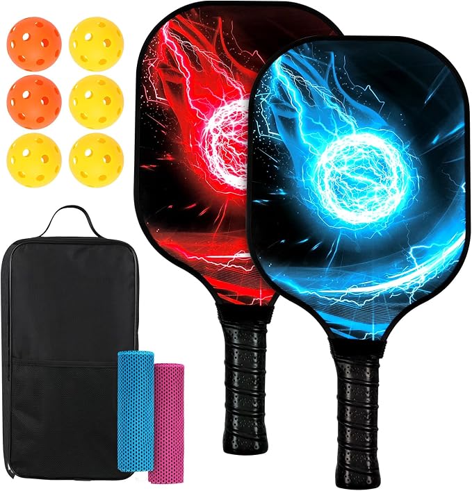 11 Pcs Pickleball Paddles Set Fiberglass Pickleball Set Carbon Fiber 2 Pickleball Paddle Lightweight Racket with 4 Outdoor 2 Indoor Pickleball Balls 2 Cooling Towels & Carry Bag Gift for Men Women
